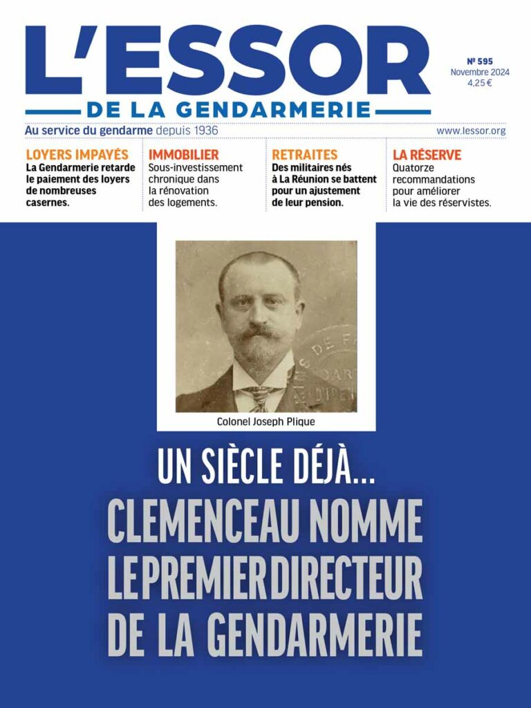 Une du numéro 595 du magazine L'Essor de la Gendarmerie, paru en novembre 2024.