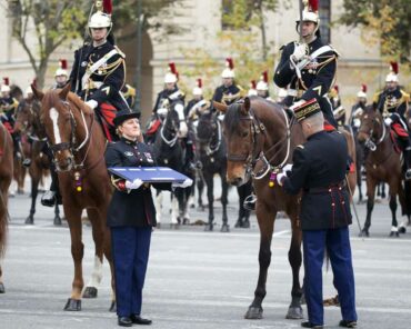 Remise de décorations à des chevaux de la Garde républicaine, honorés pour leurs performances Olympiques, dans la cour de la caserne des Célestins, à Paris. (Photo: J.Martin/L'Essor)