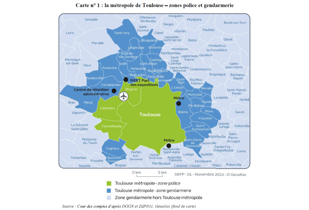 Carte des zones de compétence Police et Gendarmerie dans la métropole de Toulouse. (Issue du rapport de la Cour des comptes de janvier 2025)