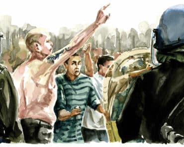 Juin 1998 : en France, la fête de la Coupe du monde de football est gâchée par l’agression violente d’un gendarme mobile, Daniel Nivel, par des hooligans allemands. (Illustration: Zziigg / L'Essor)