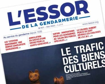 Extrait de la Une du numéro 601 du magazine L’Essor de la Gendarmerie, paru en mai 2025.