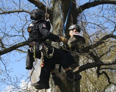 Un gendarme spécialiste de la Cellule nationale d'appui à la mobilité (Cnamo), lors d'un exercice de désentravement d'un militant accroché dans un arbre. (Photo d'illustration: GBGM)