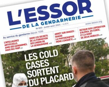 Extrait de la Une du numéro 603 du magazine L’Essor de la Gendarmerie, paru en juillet/août 2025.