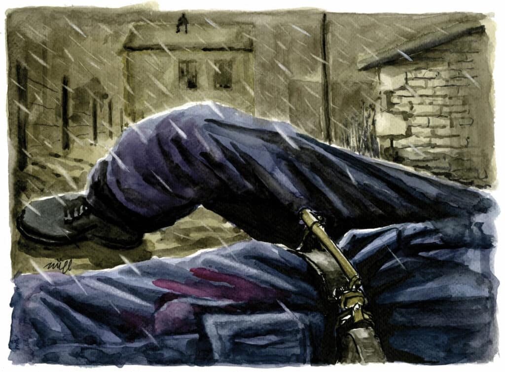 Les gendarmes ont été méthodiquement ciblés par Frederik Limol, le complotiste surarmé. (Illustration: Zziigg / L’Essor)