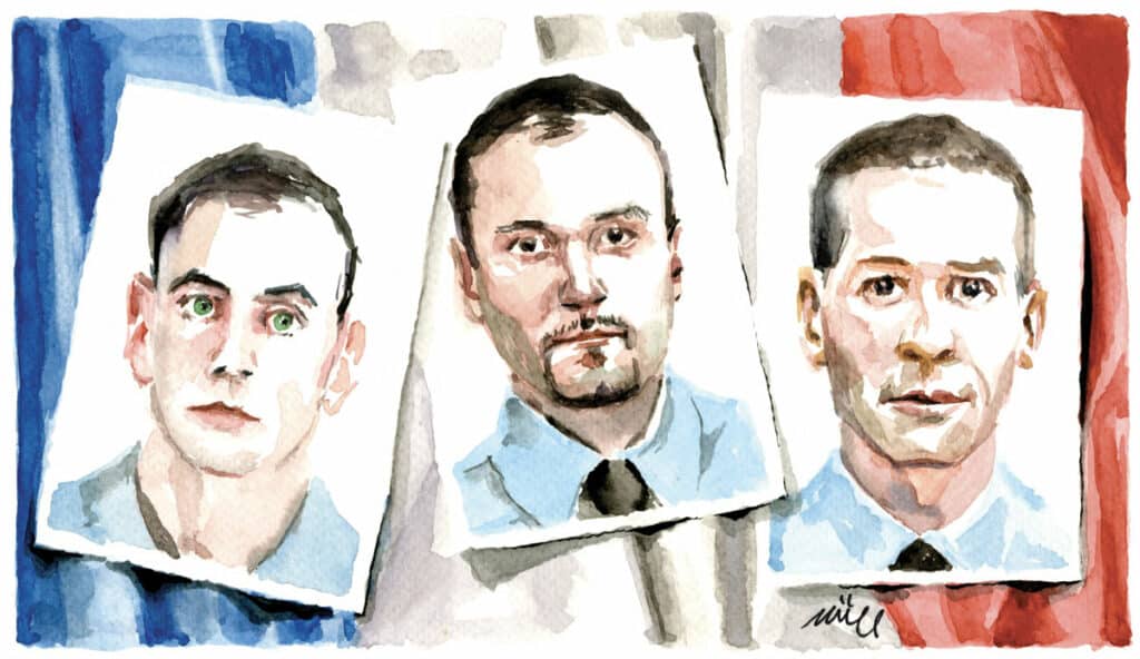 Arno Mavel, Rémi Dupuis et Cyrille Morel. La mort tragique des trois gendarmes à Saint-Just va susciter une intense émotion. (Illustration: Zziigg / L’Essor)