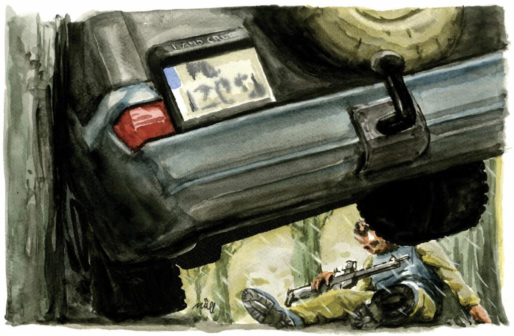 Le corps de Frederik Limol sera retrouvé au petit matin près de son 4x4, à un kilomètre et demi environ du hameau. (Illustration: Zziigg / L’Essor)