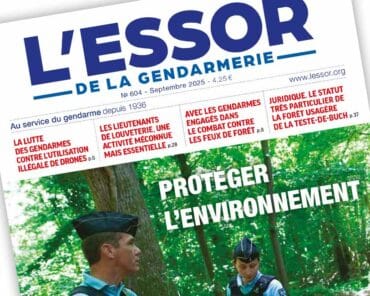 Extrait de la Une du numéro 604 du magazine L’Essor de la Gendarmerie, paru en septembre 2025.