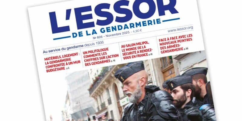 Extrait de la Une du numéro 606 du magazine L’Essor de la Gendarmerie, paru en novembre 2025.