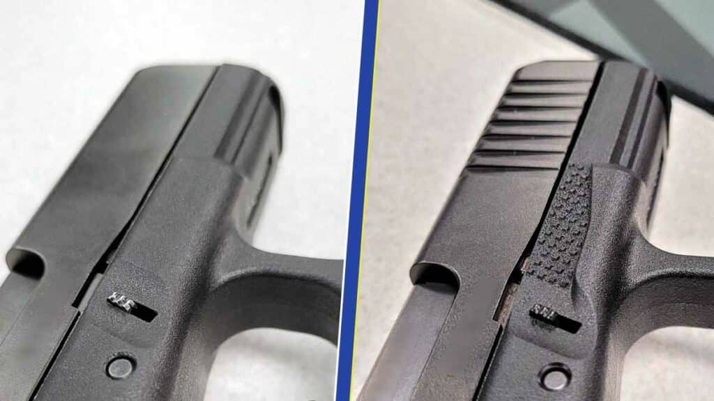 Par rapport au modèle de 5e génération (à gauche), un grip a été ajouté sur le Gen.6 (à droite), là où repose l'index, le long du pontet, améliorant ainsi le maintien du pistolet Glock. (Photos et assemblage: L.Picard/L'Essor)
