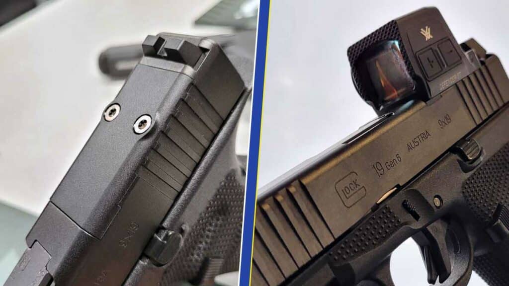 Parmi les principales innovations des Glock de sixième génération (Gen.6), l'intégration sur les modèles standards d'une plaque amovible "Optic ready", permettant d'accueillir un système d'aide à la visée, sans avoir besoin de modifier la structure de l'arme, ou de choisir un modèle spécifiquement préparé pour cette adjonction. (Photo: L.Picard/L'Essor)
