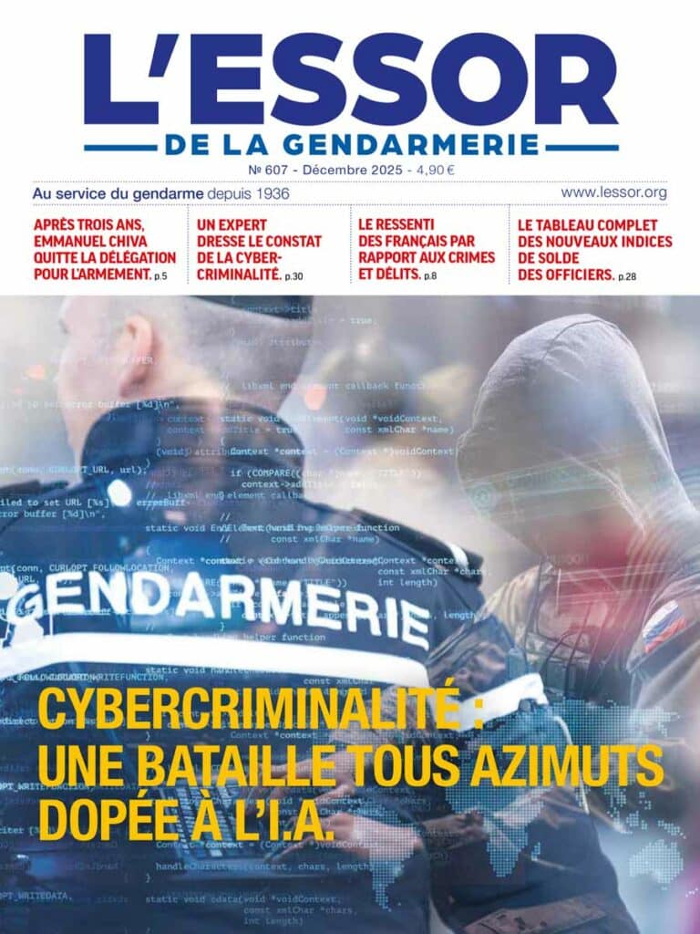 Une du numéro 607 du magazine L’Essor de la Gendarmerie, paru en décembre 2025.