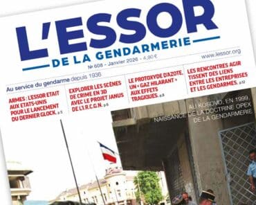 Extrait de la Une du numéro 608 du magazine L’Essor de la Gendarmerie, paru en janvier 2026.