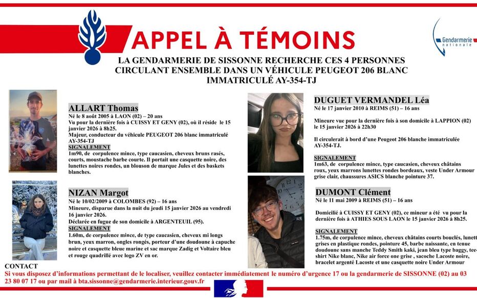 L'appel à témoins lancé par la Gendarmerie de l'Aisne suite à la disparition de quatre jeunes le 15 janvier 2026. (Image: Gendarmerie)