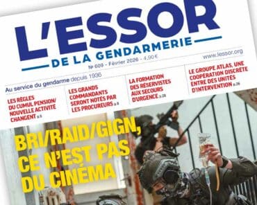 Extrait de la Une du numéro 609 du magazine L’Essor de la Gendarmerie, paru en février 2026.
