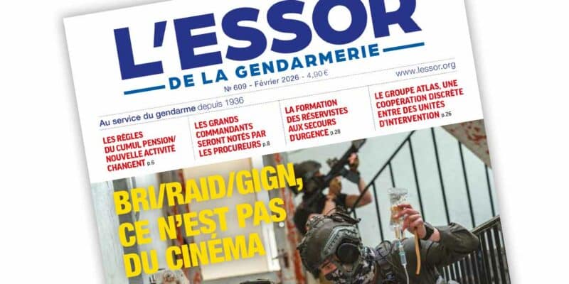 Extrait de la Une du numéro 609 du magazine L’Essor de la Gendarmerie, paru en février 2026.