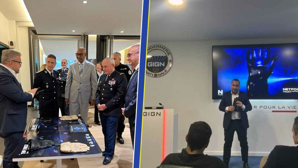 La société héraultaise NetForce a pu présenter son gant à impulsion électrique aux patrons de la Police et de la Gendarmerie, ainsi qu'au GIGN. (Photos: NetForce - Assemblage: L'Essor)
