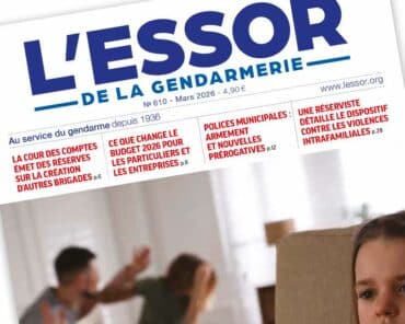 Extrait de la Une du numéro 610 du magazine L’Essor de la Gendarmerie, paru en mars 2026.