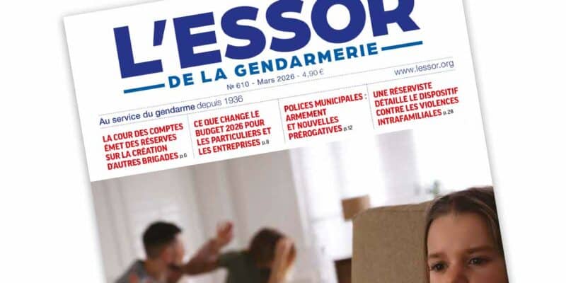 Extrait de la Une du numéro 610 du magazine L’Essor de la Gendarmerie, paru en mars 2026.