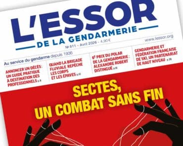 Extrait de la Une du numéro 611 du magazine L’Essor de la Gendarmerie, paru en avril 2026.