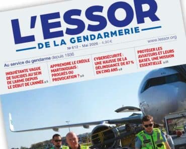 Extrait de la Une du numéro 612 du magazine L’Essor de la Gendarmerie, paru en mai 2026.