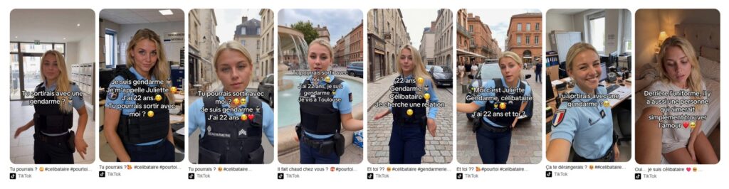Quelques-unes des vidéos de la fausse gendarme, générée par intelligence artificielle (IA), dont les comptes sur les réseaux sociaux visaient à faire la promotion de contenus sexuels payants. (Captures d'écran)